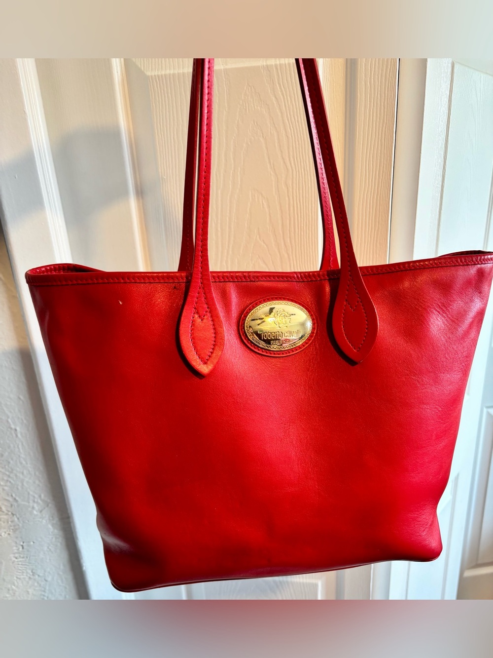 Roberto Cavalli Red Leather Icon Plaque Tote Bag Luxury Shoulder Purse